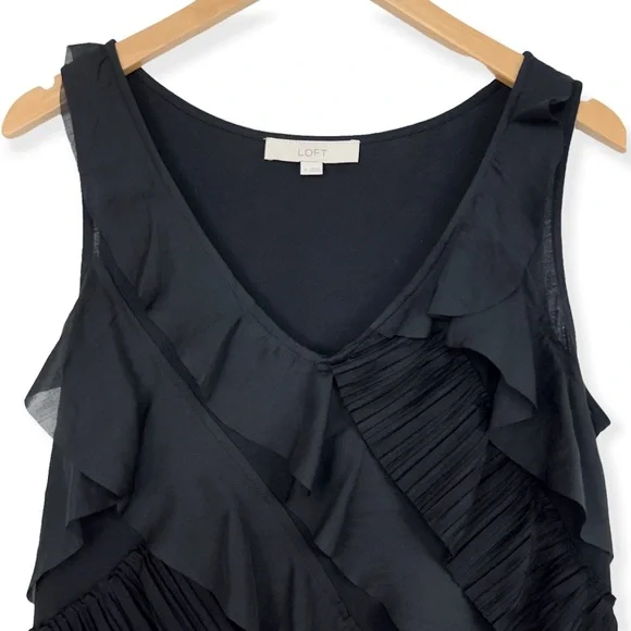 LOFT Black Tiered Ruffle Sleeveless Mini Dress V Neck Medium - Picture 3 of 11